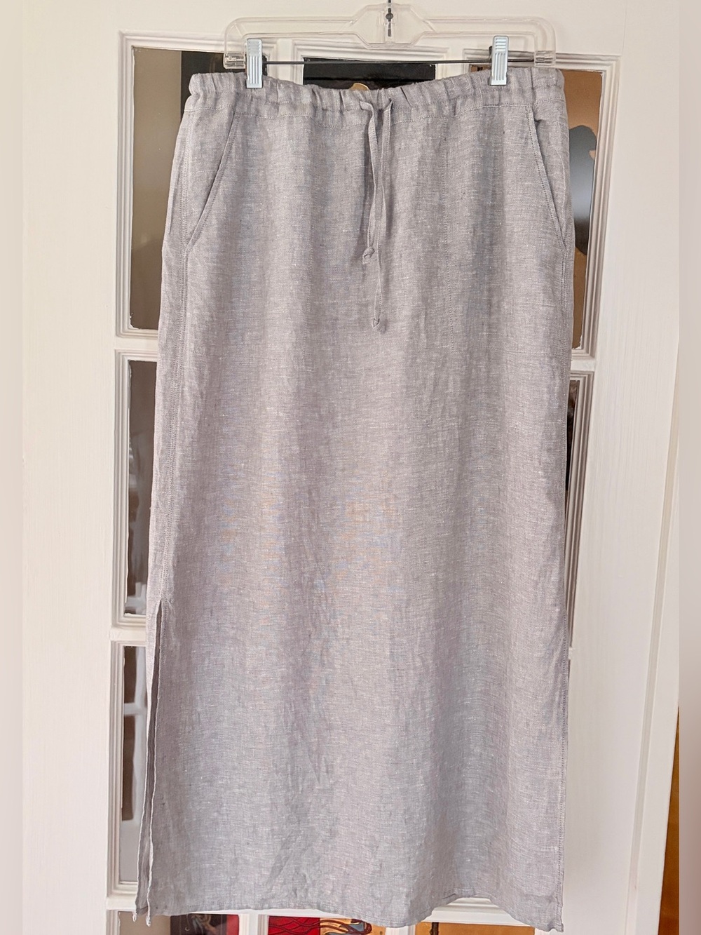 Garnet Hill Drawstring 100% Linen Gray Maxi Skirt Pocket Side Slits Lagenlook S